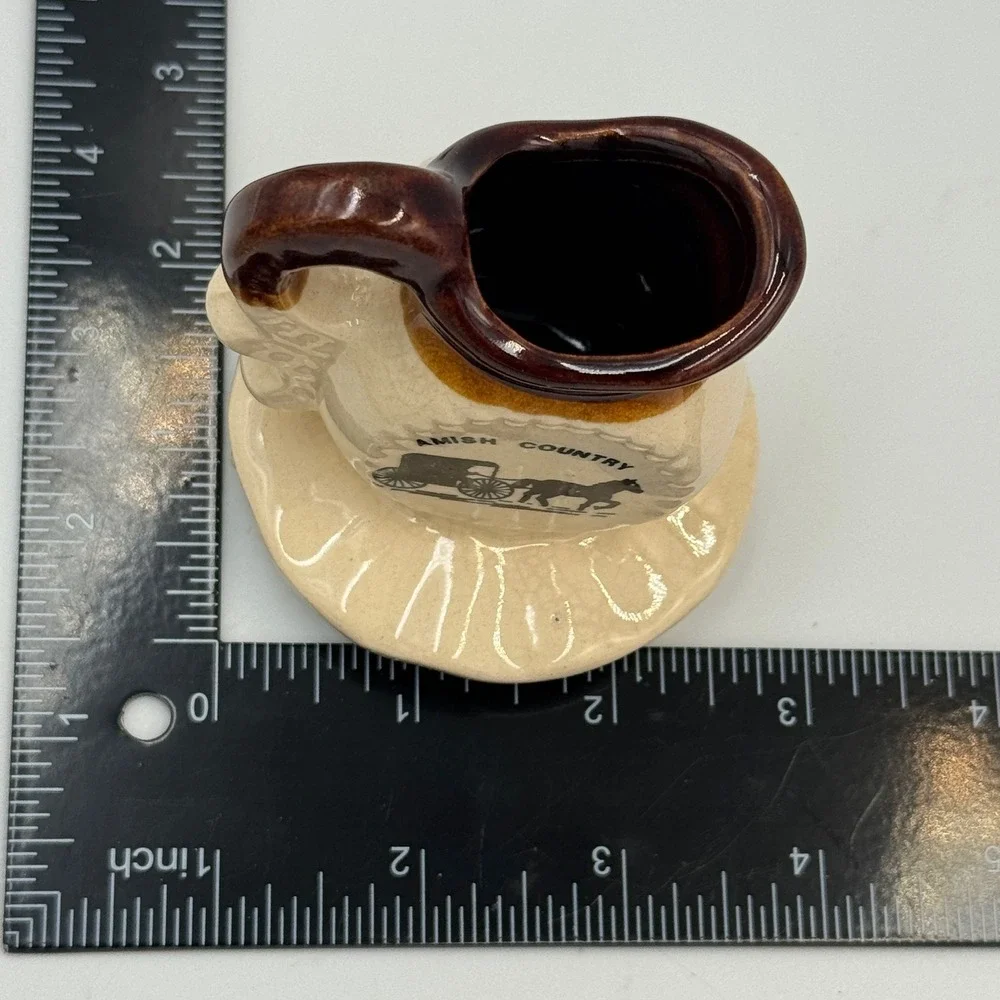 Vintage Amish Country Miniature Ceramic Pitcher Horse Buggy Souvenir Cream Brown